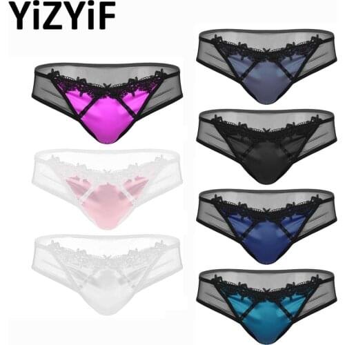 Men Sissy Satin Lace Briefs Sexy Thong Underwear Breathable See Through Panties