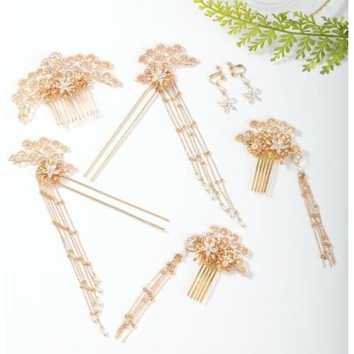 FORSEVEN Vintage Gold Color Flower Pearls Hairpins Sticks Hair Combs Pendant Earrings Jewelry Sets Chinese Hair Accessories