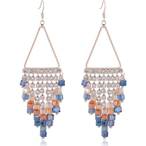 New Arrived Triangle Shape Inlaid Rhinestones and Square Crystal Gold Plated Drop Earrings for Girls French Fish Hook Earrings