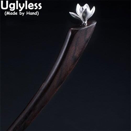 Uglyless Blooming Magnolia Flowers Hair Sticks Natural Wooden Sandalwood Hair Jewelry Funky Floral Hair Accessories 925 Silver