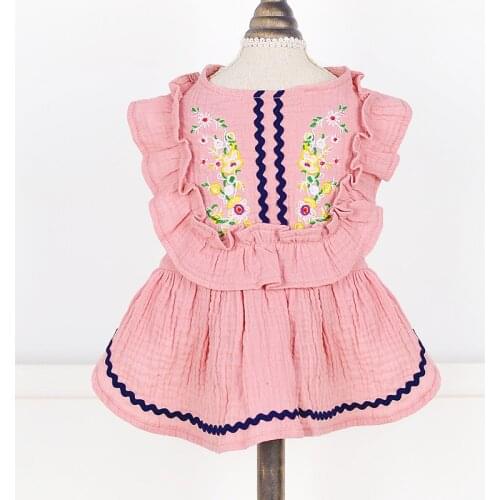 Embroidery Pets Dresses National Style Spring Summer Cotton Dog Clothes For Small Dogs Chihuahua Comfortable Pleated Cat Skirts