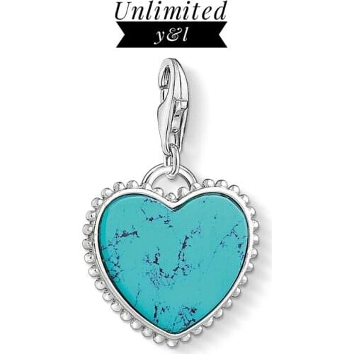 Heart Charms DIY Jewelry Making Forever Love Blue Stone 925 Sterling Silver Fit Thomas Style Bracelet Necklace Women Men Gift