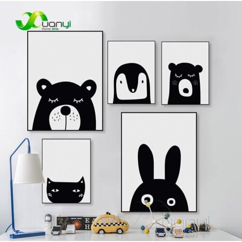 Poster Black And White Kawaii Animal Bear Cat Rabbit Nordic Decoration Home Kids Room Wall Art Canvas Painting Print Picture