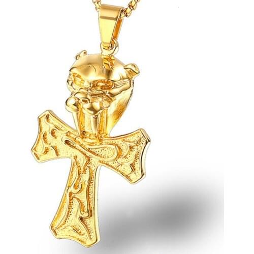 RIR Retro Funk Stainless Steel Jewelry Leopard Head Cross Pendant 60cm Chain Animal Power Necklace Mens Fashion Accessories Gift