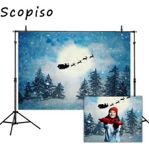 Scopiso Christmas Reindeer Lights Sled Santa Claus Forest Winter Snow Photography Backdrop Background Photo Studio Prop