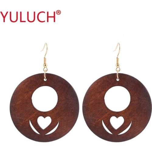 YULUCH Popular style retro national natural wooden round skull hollow pendant earrings for African women jewelry gifts