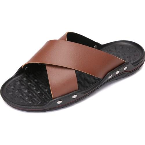 Brand Slippers Men 2021 Summer Flat Sandals Genuine leather Casual Beach Flip Flops Shoes Non-slip Indoor House Home Slippers