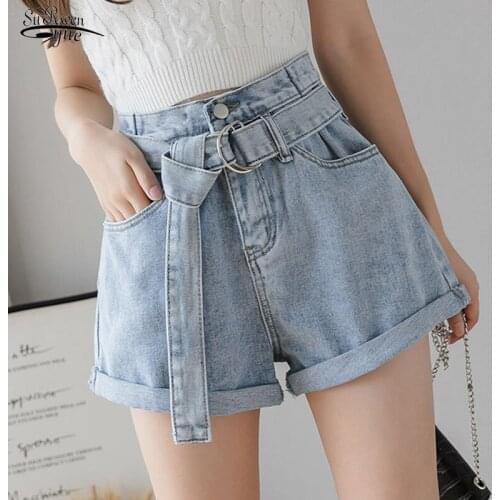 2021 High Waist Summer Womens Denim Shorts Vintage Casual Ladies Shorts Solid Wide Leg Female Blue Black Short Femme 8941