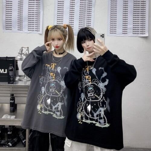 Spring New O-neck Womens Sweatshirt Japanese Harajuku Vintage Oversize Bear Print Top Couple Loose Couple Pullover Clothes