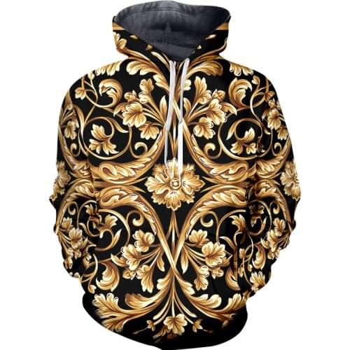 LCFA Gold Flower Luxury Royal Baroque Mens Hoodies 3D Print Pullover Sweatshirt Tracksuit Outfit Casual Outerwear Hoodies 4XL