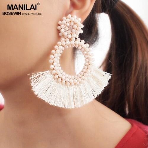 MANILAI Bohemia Tassel Earrings For Women Statement Fringed Earrings Round Crystal Drop Dangle Earrings Wedding Party Jewelry