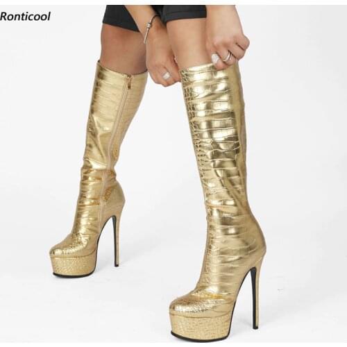 Ronticool Women Croc Winter Knee Boots Full Side Zipper Stiletto Heel Round Toe Gold Silver Black Club Shoes Plus Size 35 47 52