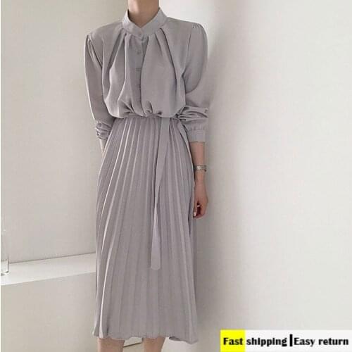 Chic temperament stand collar long dress women office lady pleated dress with slash 2021 summer autumn Vestido femme