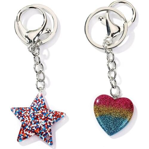 1PC Resin Rainbow Heart Star Keychain Flatback Pendant Charms Glitter Keyring for Woman Jewelry