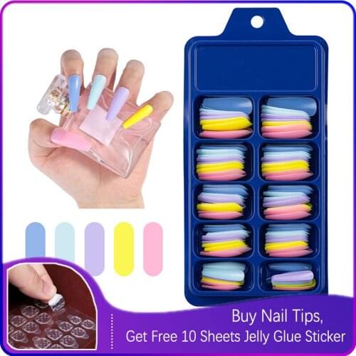 100Pcs / Set Colorful Nails Art Fake Nail Tips False Press On Coffin With Glue Stick Display Full Cover Artificial Designs