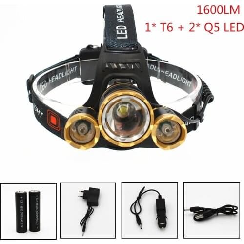 1600LM Headlight 1 T6 + 2 Q5 LED Rechargeable Zoom Headlamp 4 Modes Headlamp Head Flashlight USB Car AC Charger + 18650 Battery
