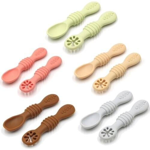 2 Pcs Newborn Toddler Tableware Learning Feeding Scoop Training Utensils Baby Silicone Spoons