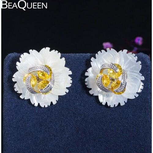 BeaQueen Cute Rotating Yellow Cubic Zirconia Crystal 2 in 1 Design Big Shell Flower Stud Earrings for Women DIY Jewelry E363