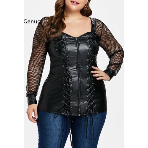 5XL Plus Size Faux PU Leather Blouse Women Elegant Hollow Out Sleeve Lace Up Tie Slim Tight Sexy Blouse Shirt Black Ladies Tops