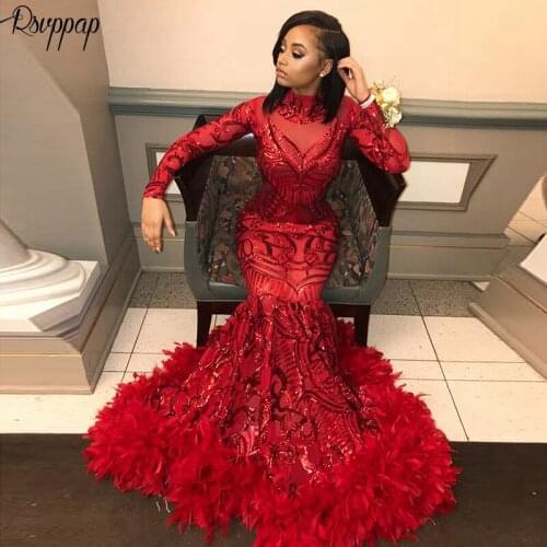 Sparkly Long Prom Dresses 2020 Sexy High Neck Long Sleeve Sequin African Black Girl Feather Red Mermaid Prom Dress Party
