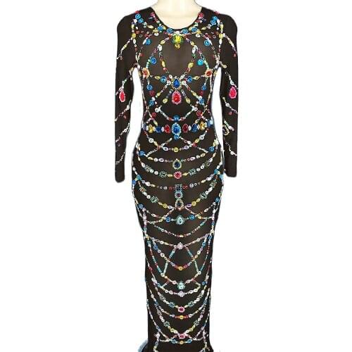 Shining Multi-Color Diamonds Long Sleeve Women Dresses Tight Stretch Mesh Perspective Dresses Evening Prom Costumes