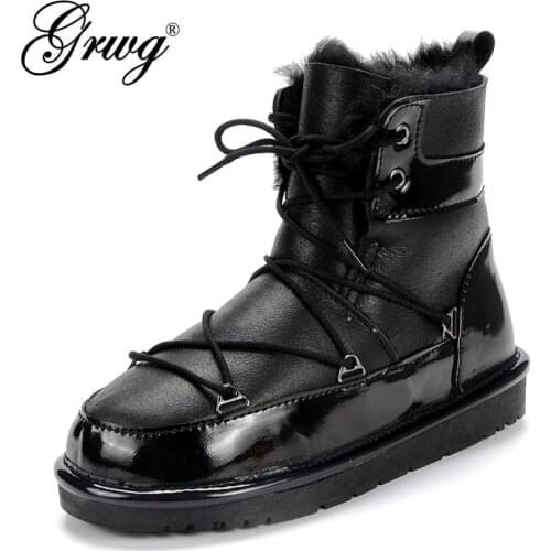 GRWG Real Sheepskin Leather Women Winter Ankle Boots For Woman Snow Boots Wool Fur Lined Warm Shoes Waterproof Black