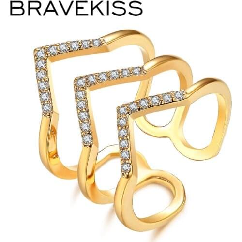 BRAVEKISS V Shape Wave Ring Pave Cubic Zirconia Rings for Women Fashion Jewelry for Party Jewelry BUR0360A