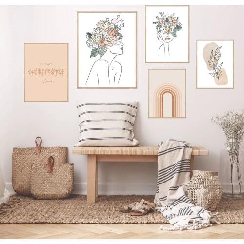 Flower Woman One Line Art Drawing Posters And Prints Nordic Wall Art Canvas Painting Figure Boho Rainbow Living Room Decoration