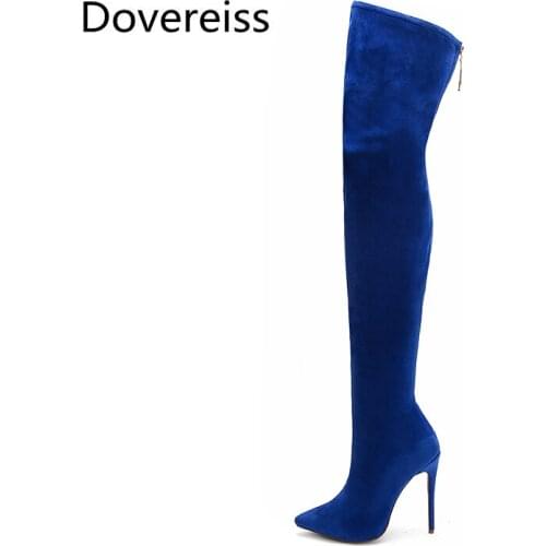 Dovereiss Fashion Womens Shoes Winter Pointed Toe Pure color Blue new Ladies Boots Block heels Over the knee boots 33-43
