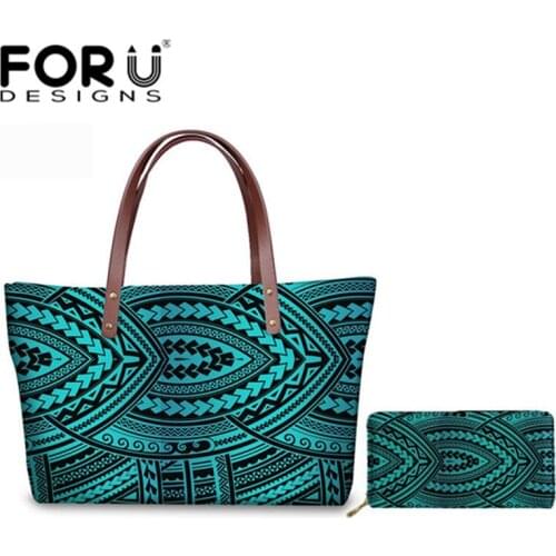 FORUDESIGNS Polynesian Printed Lady Handbags Large Capacity Women Shoulder Bag Neoprene Tote Bag with Purses for Female 2Pcs/Set