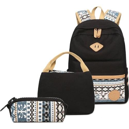 3Pcs Set Canvas Dot Backpack Junior High School Bag Lightweight Teen Girls Laptop Backpacks with Insulated Bag+Pencil Case