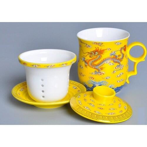 Chinese Style Ceramic Bone Filter With Lid Saucer Kit Drinkware Office Yellow Dragon Filter Cup