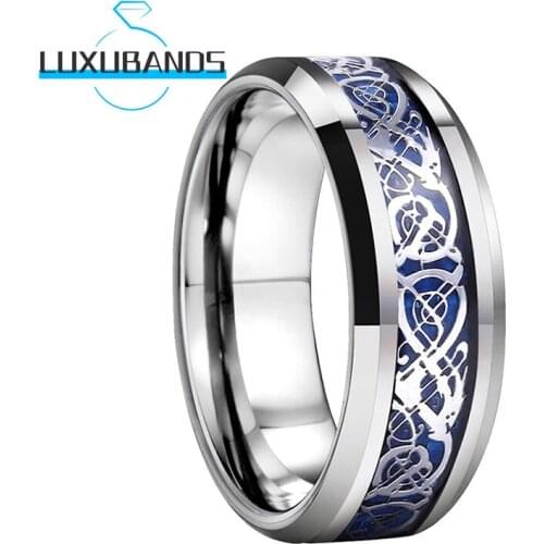 Tungsten Carbide Rings For Men Women 8MM Beveled Edges Dragon Blue Carbon Fiber Inlay Polished Finish Comfort Fit