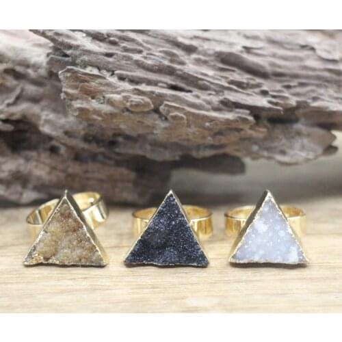Triangle Natural Quartz Geode Ring Healing Crystal Druzy Drusy Gems Adjustable Finger Ring Fashion Women Jewelry Dropship,QC4073