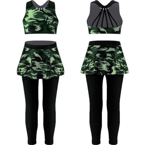 Two Piece Yoga Suit Kids Girls Camouflage Print Active Sport Outfit Set Halter Neck Crop Tops+Pants for Summer Gym Dance Workout