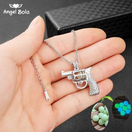 Pistol Pendant Hollow Luminous Stone Necklace Mothers Day Gifts Moon Glowing Necklace Gem Charm Stainless Steel Jewelry Women
