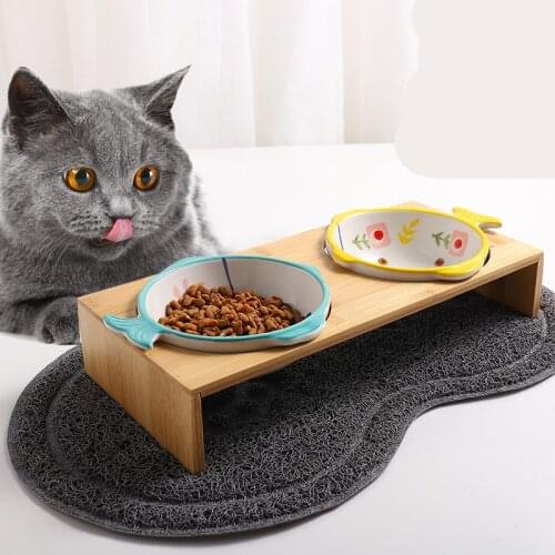 Cute Cat Dog Feeders Bowl Ceramic Double Bowls Pet Food Water Bowl Bamboo Frame Antiskid Pet Supplies Dog Cat Feeding Bowl