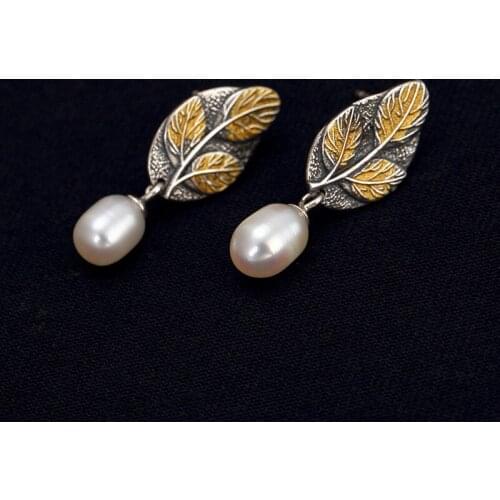 Fashion Elegance Pearl Stud Earrings For Lady,100 % 925 Pure Silver Vintage Leaf Top Grade Pearl Earrings Fine Jewels For Gift
