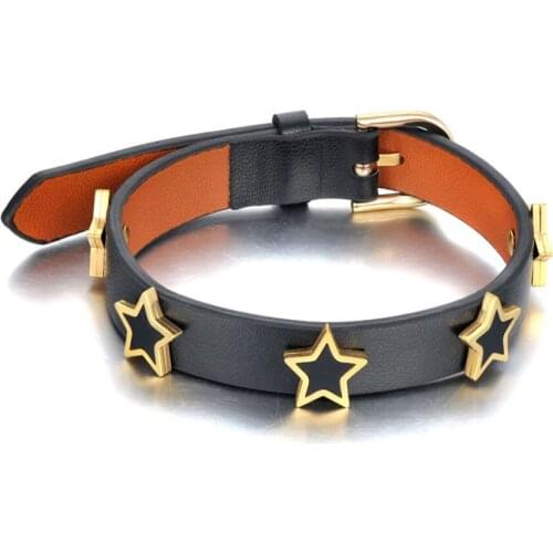Trendy 18K Titanium Stainless Steel Acrylic Star Charm Bracelets For Women Girls Hiphop Rock Leather Jewelry B21019
