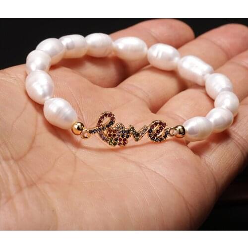 Couple Friendship Bracelet Real Freshwater Pearl Bracelet Love Tag Rainbow CZ Bangle For Women Men Jewelry Birthday Dainty Gift