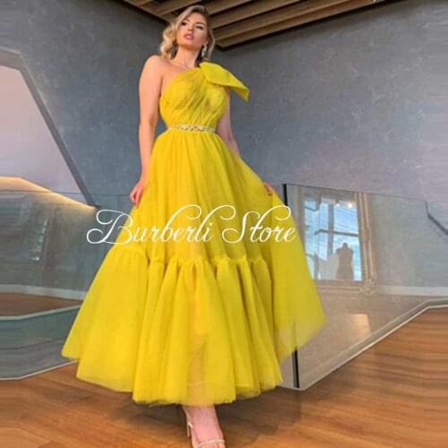 2021 Newest Gold Mesh Ankle-Length Dress Pretty One Shoulder Bow Ruffles Party Gowns With Crystals Waist Chic Graduation Party