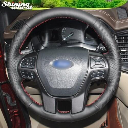 Shining wheat Hand-stitched Black Leather Car Steering Wheel Cover for Ford Ranger Everest 2016