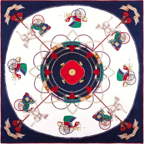 New Handmade Curled Silk Scarf Womens 90cm Twill Silk Square Scarf Carriage Chain Printing Silk Scarf Shawl Headband