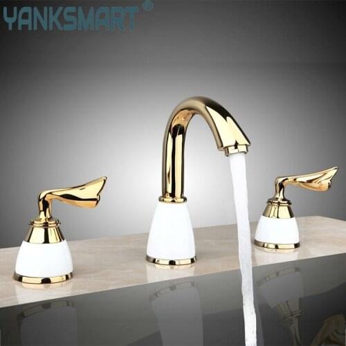 YANKSMART 3 pcs White Gold Bathtub Shower Faucet Set Double Handles Control Deck Mounted Waterfall Basin Faucet Mixer Water Tap