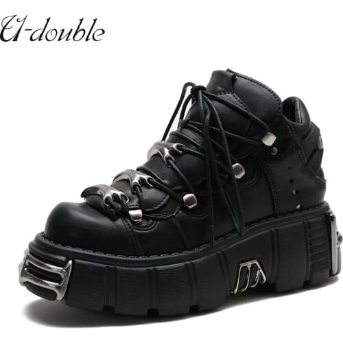 U-DOUBLE Brand Punk Style Women Shoes Lace-up heel height 6CM Platform Shoes Woman Gothic Ankle Boots Metal Decor Woman Sneakers