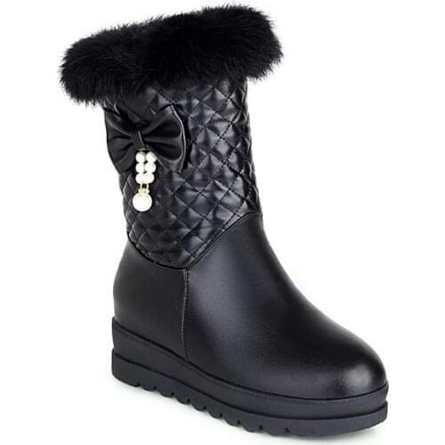 Flat-Bottomed Thick Furry Winter Warm Womens Boots Waterproof Platform Bow Knot Pearl Metal String Cute Mid-Calf Boots