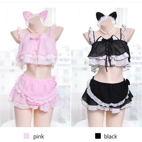 DDLG Womens Cute Costume Lingerie Japanese Schoolgirl Uniform Neko Maid Lingerie Set Outfit Cosplay Bra Panty Skirt Necklace