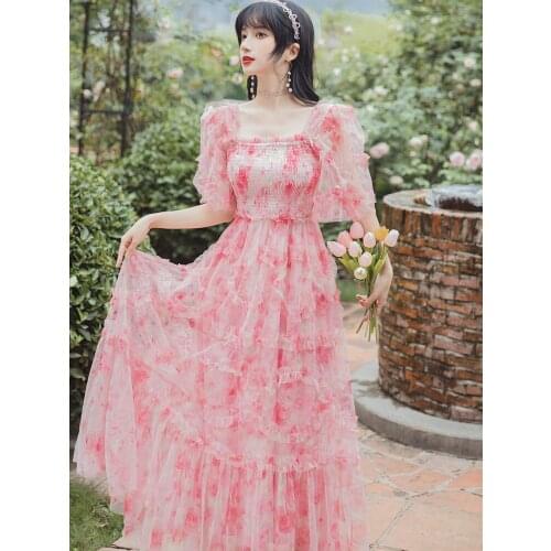 Elegant Pink Ladies Fashion Party Dresses Summer French Retro Sweet Lotus Leaf Stitching Square Collar Dress Vestidos de fiesta