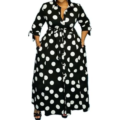 Women Dress Plus Size XL-5XL Elegant Maxi Dress Polka Dot Printed Office Lady Dresses Button Fly Vestidos Wholesale Dropshpping