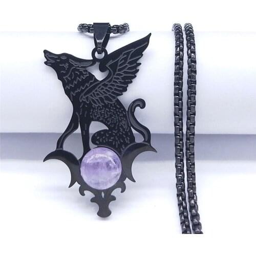 2021 Stainless Steel Purple Crystal Witchcraft Moon Wolf Necklaces Pendants Women Black Silver Color Necklaces Jewelry N2255S03